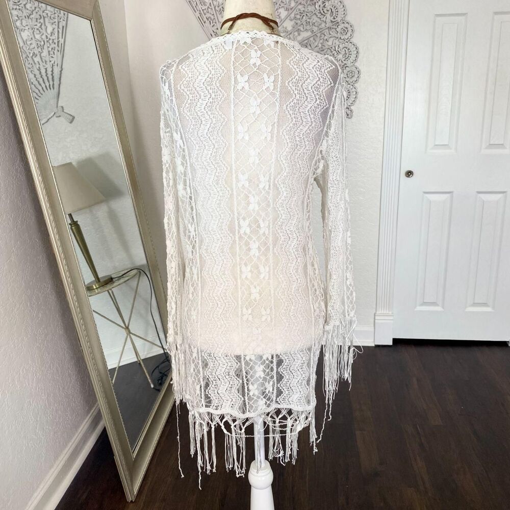 Style Apparel White Fringe Granny Lace Open Front Sheer Cardigan M - Picture 4 of 6